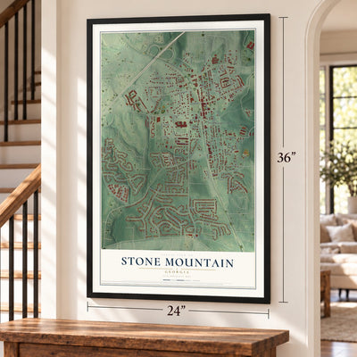 Stone Mountain, Georgia map, 24 x 36 inch print in a black frame by a staircase