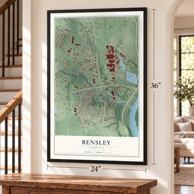 Bensley, Virginia map, 24 x 36 inch print in a black frame by a staircase