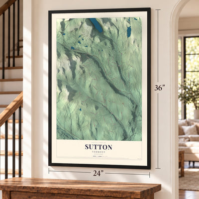 Sutton, Vermont map, 24 x 36 inch print in a black frame by a staircase