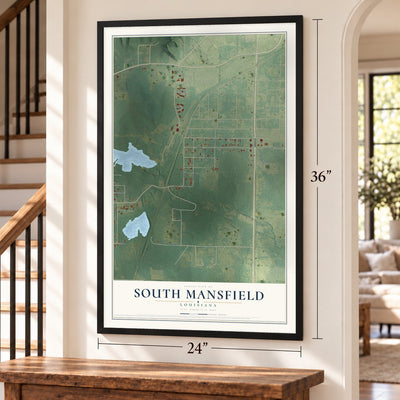 South Mansfield, Louisiana map, 24 x 36 inch print in a black frame by a staircase