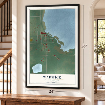 Warwick, North Dakota map, 24 x 36 inch print in a black frame by a staircase