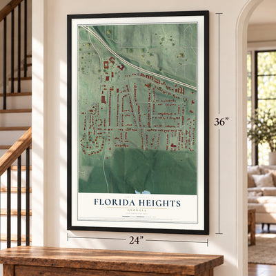 Florida Heights, Georgia map, 24 x 36 inch print in a black frame by a staircase