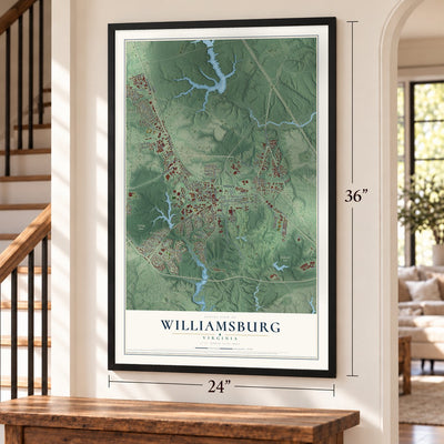 Williamsburg, Virginia map, 24 x 36 inch print in a black frame by a staircase