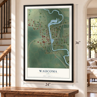 Waucoma, Iowa map, 24 x 36 inch print in a black frame by a staircase