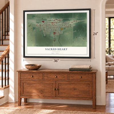 Sacred Heart, Minnesota map, 24 x 36 inch print in a black frame above a dresser by a staircase