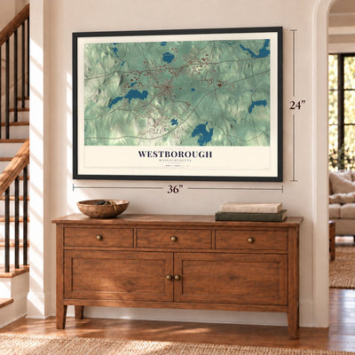 Westborough, Massachusetts map, 24 x 36 inch print in a black frame above a dresser by a staircase