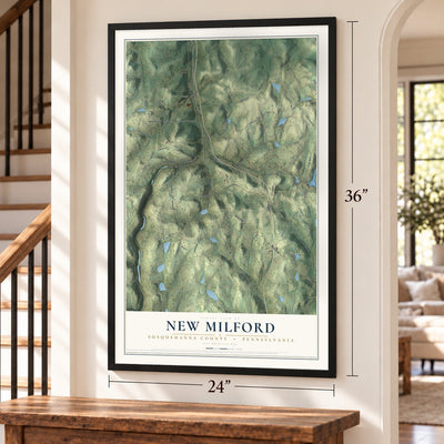 New Milford, Susquehanna County, Pennsylvania map, 24 x 36 inch print in a black frame by a staircase