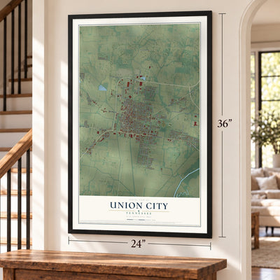 Union City, Tennessee map, 24 x 36 inch print in a black frame by a staircase