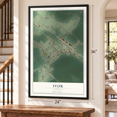 Ivor, Virginia map, 24 x 36 inch print in a black frame by a staircase