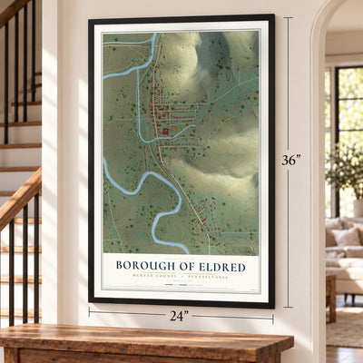 Borough of Eldred, McKean County, Pennsylvania map, 24 x 36 inch print in a black frame by a staircase