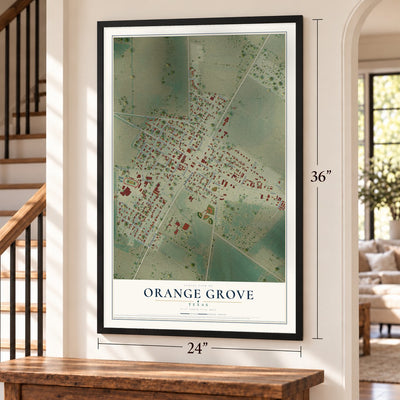 Orange Grove, Texas map, 24 x 36 inch print in a black frame by a staircase