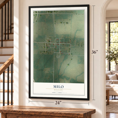 Milo, Missouri map, 24 x 36 inch print in a black frame by a staircase