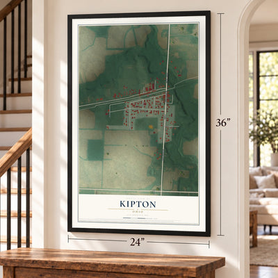 Kipton, Ohio map, 24 x 36 inch print in a black frame by a staircase