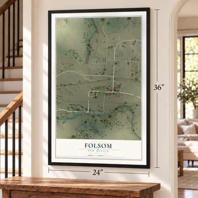 Folsom, New Mexico map, 24 x 36 inch print in a black frame by a staircase