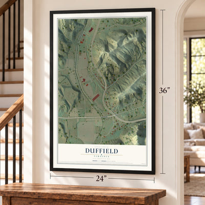 Duffield, Virginia map, 24 x 36 inch print in a black frame by a staircase