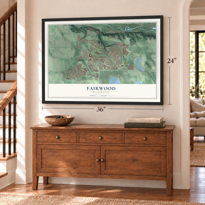 Fairwood, Washington map, 24 x 36 inch print in a black frame above a dresser by a staircase