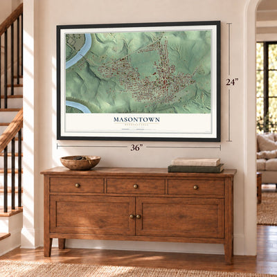 Masontown, Pennsylvania map, 24 x 36 inch print in a black frame above a dresser by a staircase