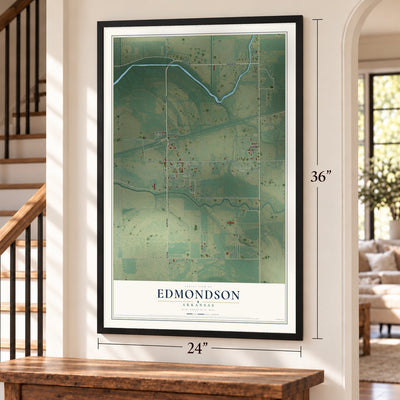 Edmondson, Arkansas map, 24 x 36 inch print in a black frame by a staircase