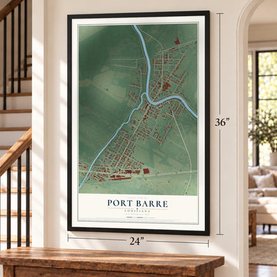 Port Barre, Louisiana map, 24 x 36 inch print in a black frame by a staircase