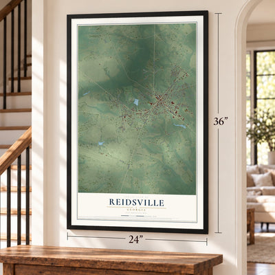 Reidsville, Georgia map, 24 x 36 inch print in a black frame by a staircase