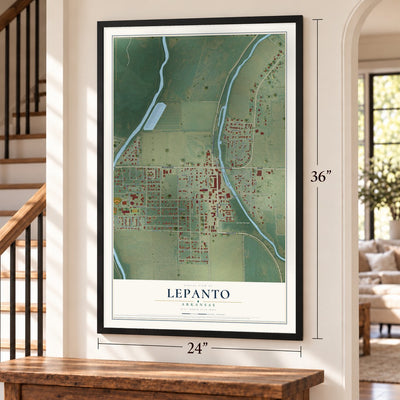 Lepanto, Arkansas map, 24 x 36 inch print in a black frame by a staircase