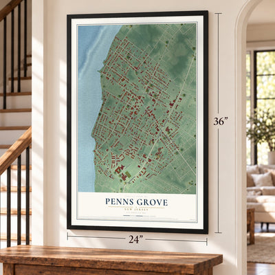 Penns Grove, New Jersey map, 24 x 36 inch print in a black frame by a staircase