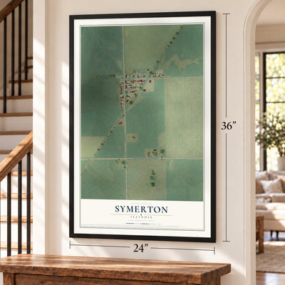 Symerton, Illinois map, 24 x 36 inch print in a black frame by a staircase