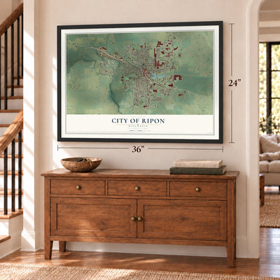Ripon, Wisconsin map, 24 x 36 inch print in a black frame above a dresser by a staircase