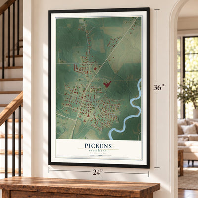 Pickens, Mississippi map, 24 x 36 inch print in a black frame by a staircase