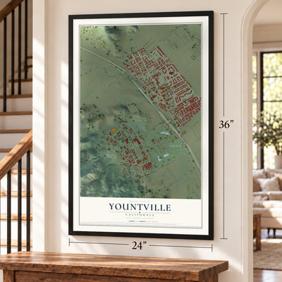 Yountville, California map, 24 x 36 inch print in a black frame by a staircase