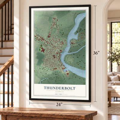 Thunderbolt, Georgia map, 24 x 36 inch print in a black frame by a staircase