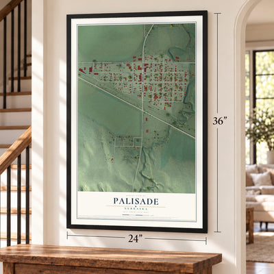 Palisade, Nebraska map, 24 x 36 inch print in a black frame by a staircase