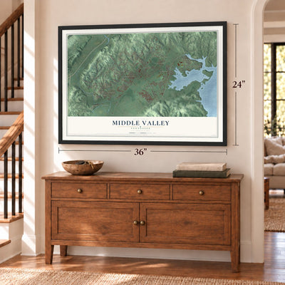 Middle Valley, Tennessee map, 24 x 36 inch print in a black frame above a dresser by a staircase