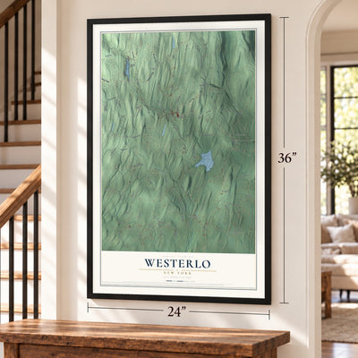 Westerlo, New York map, 24 x 36 inch print in a black frame by a staircase