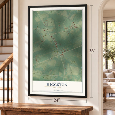 Higgston, Georgia map, 24 x 36 inch print in a black frame by a staircase