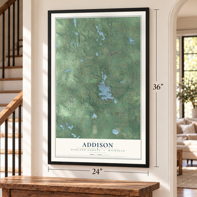 Addison, Oakland County, Michigan map, 24 x 36 inch print in a black frame by a staircase