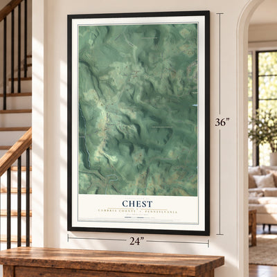 Chest, Cambria County, Pennsylvania map, 24 x 36 inch print in a black frame by a staircase