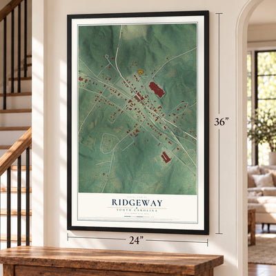 Ridgeway, South Carolina map, 24 x 36 inch print in a black frame by a staircase