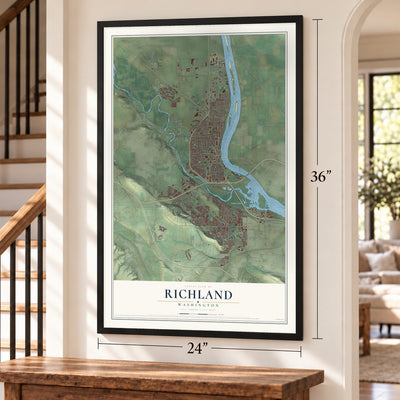 Richland, Washington map, 24 x 36 inch print in a black frame by a staircase