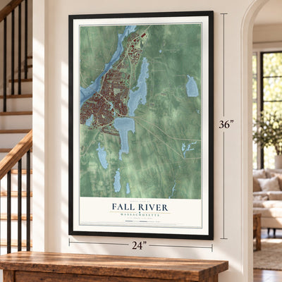 Fall River, Massachusetts map, 24 x 36 inch print in a black frame by a staircase