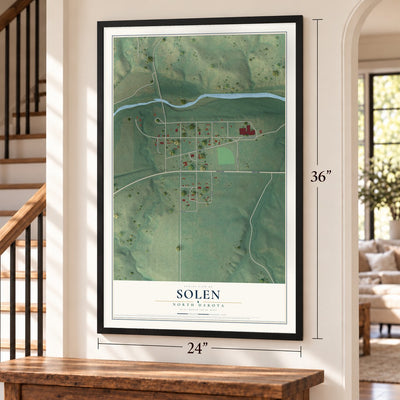 Solen, North Dakota map, 24 x 36 inch print in a black frame by a staircase