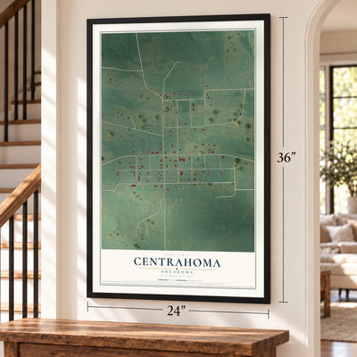 Centrahoma, Oklahoma map, 24 x 36 inch print in a black frame by a staircase