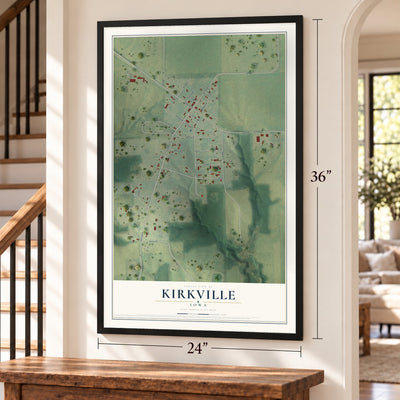 Kirkville, Iowa map, 24 x 36 inch print in a black frame by a staircase