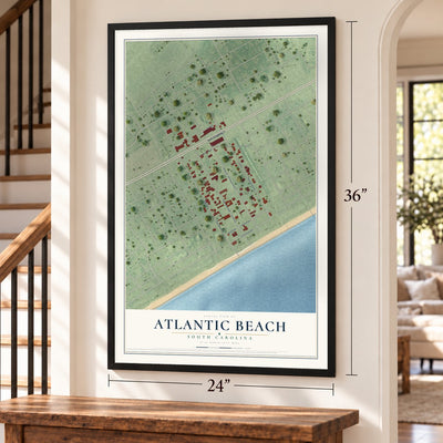 Atlantic Beach, South Carolina map, 24 x 36 inch print in a black frame by a staircase
