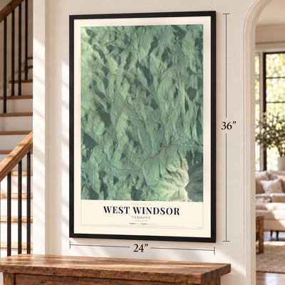 West Windsor, Vermont map, 24 x 36 inch print in a black frame by a staircase