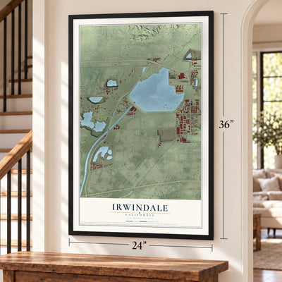 Irwindale, California map, 24 x 36 inch print in a black frame by a staircase
