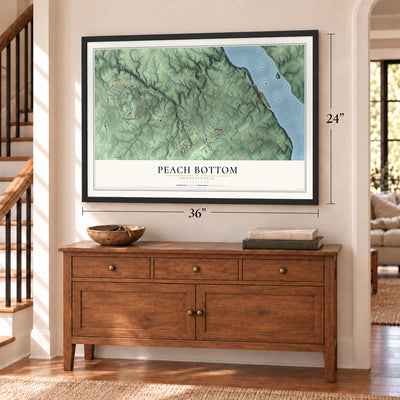 Peach Bottom, Pennsylvania map, 24 x 36 inch print in a black frame above a dresser by a staircase