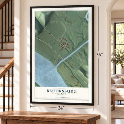 Brooksburg, Indiana map, 24 x 36 inch print in a black frame by a staircase