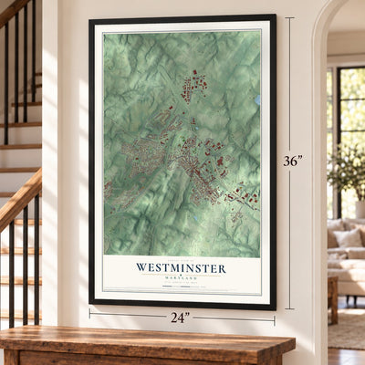 Westminster, Maryland map, 24 x 36 inch print in a black frame by a staircase