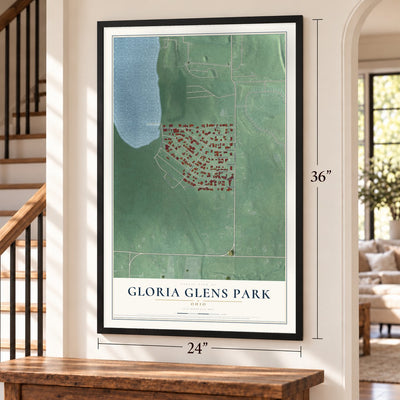 Gloria Glens Park, Ohio map, 24 x 36 inch print in a black frame by a staircase